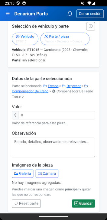 Pantalla de registro en Denarium Parts